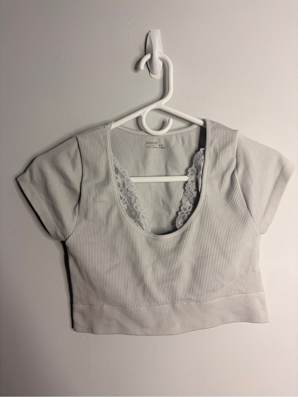 Aerie superchill Women's Ribbed Scoop Neck Crop Top Lace Trim - Gray Medium